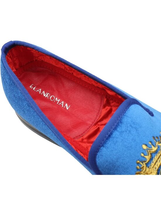 ELANROMAN Men\'s Blue Tiger Velvet Loafers Embroidery Slip on Penny Party Shoes
